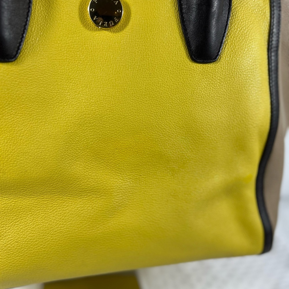 4113: Furla Colorblock Pebbled Leather Tote Bag Yellow Beige Black Made in Italy - Picture 11 of 13